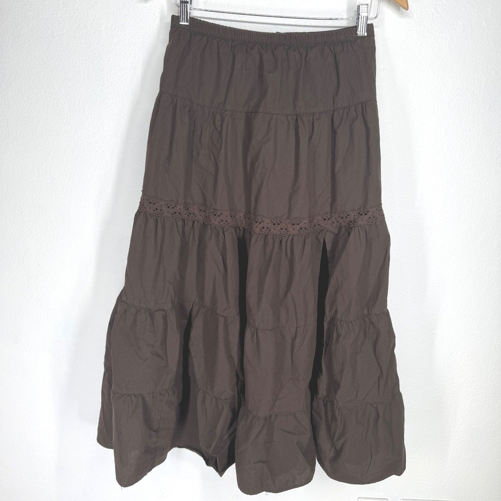 Wild Fable Brown Tiered Maxi Skirt Cotton Lace Trim Boho Cottagecore Size S